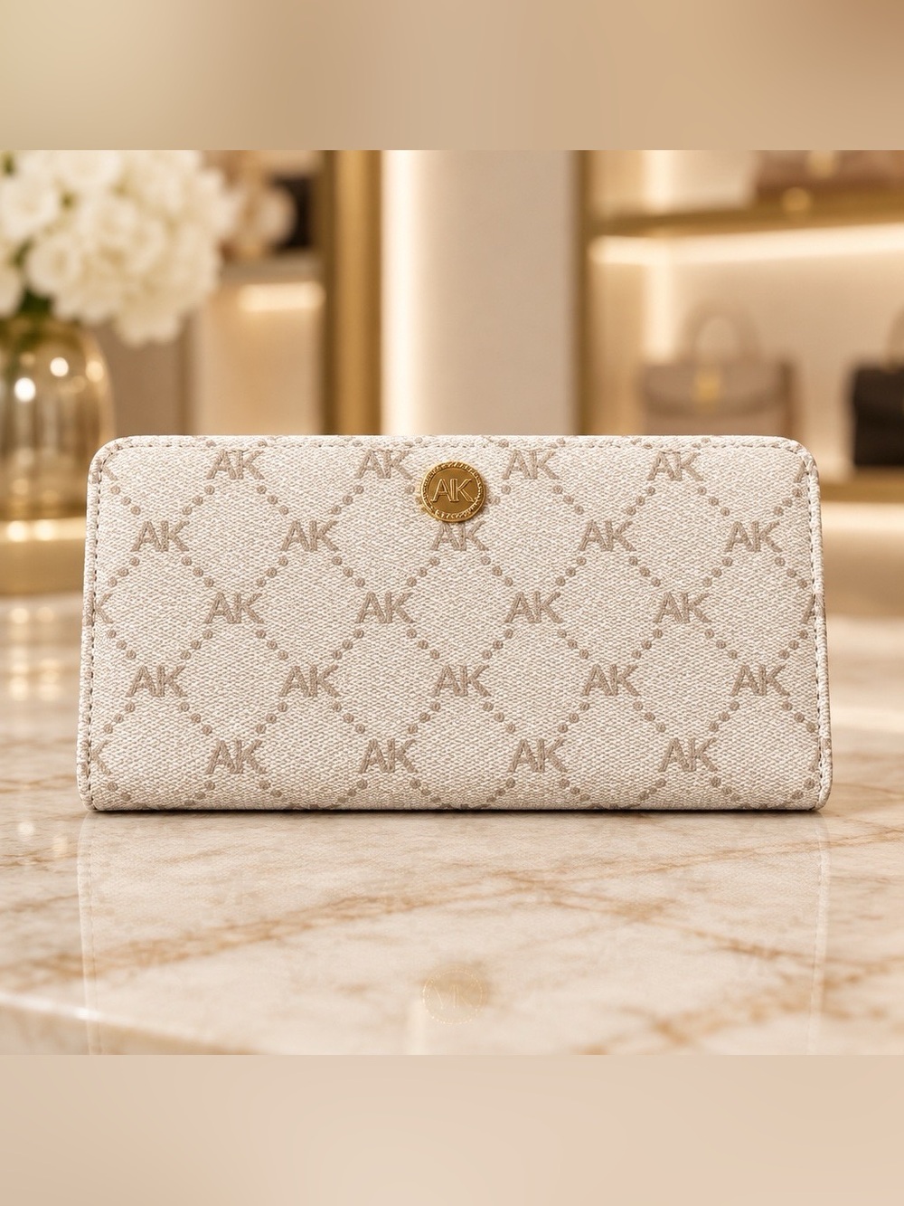 AK Signature Cream Zip-Around Wallet